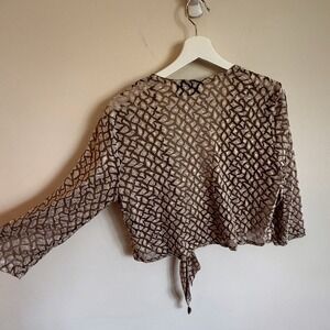 Chicos Tie Front Brown Gold Sheer Animal Print‎ Long Sleeve Blouse Top